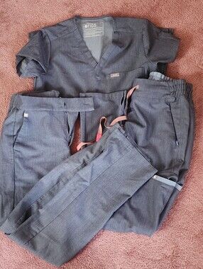 FIGS Heathered Dark Denim Scrub Set with Pink Drawstring Accent